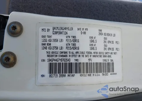 2000 Dodge Grand Caravan Se z USA, uszkodzony, nr VIN 1B4GP44G7YB763543